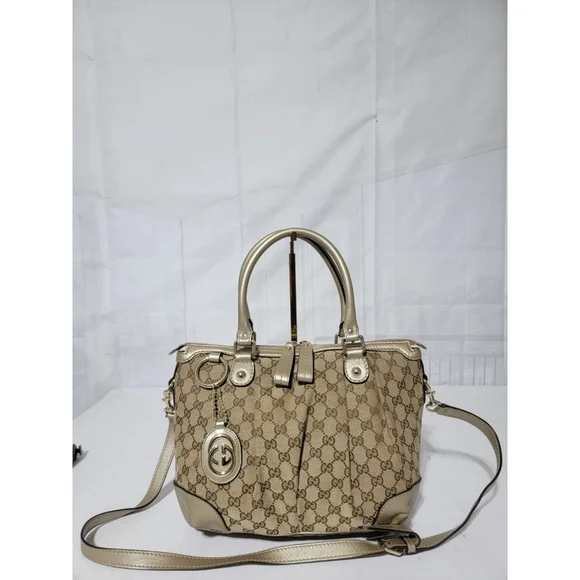 GUCCI Monogram Medium Sukey Satchel Bag Golden Beige